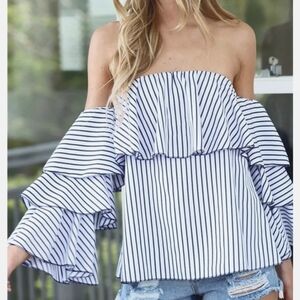 Women's Off the Shoulder Striped Ruffle Sleeves Boho Top Blouse